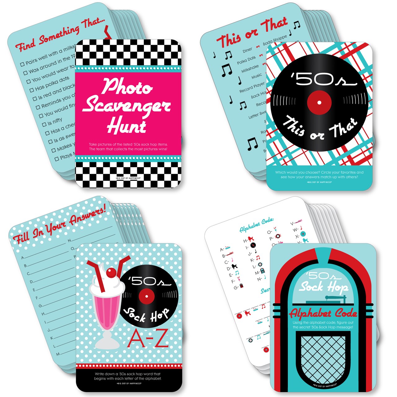 Big Dot of Happiness 50’s Sock Hop - 4 1950s Rock N Roll Party Games - 10 Cards Each - Gamerific Bundle